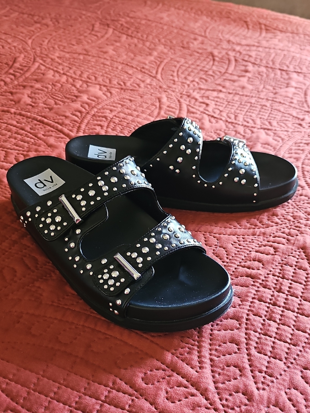 DV by Dolce Vita Black Double-Strap Stud Slide Sandals